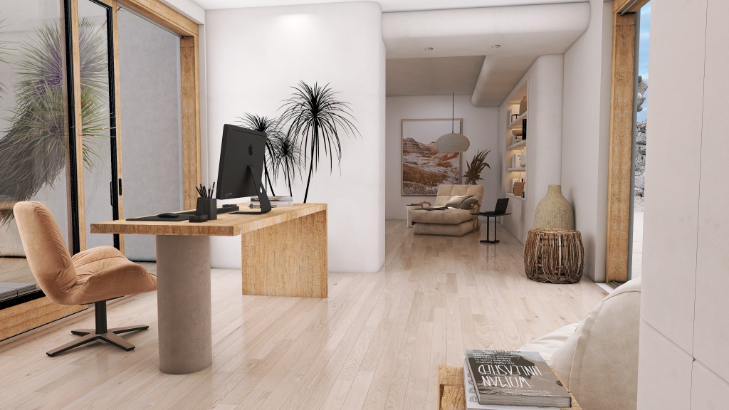 Salón, despacho, comedor y cocina 3d design renderings